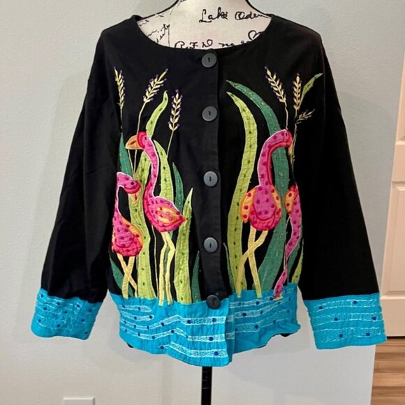 90’s Y2K FLAMINGO ALL OVER BLAZER COAT EMBROIDERED BEADED SZ XL RARE  ECLECTIC - Picture 5 of 16